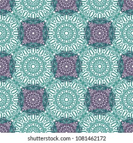 Damask Seamless Pattern. Ethnic Rapport for Textile, Fabric, Wallpaper. Seamless Background with Lacy Grid made of Mandalas. Green Orient Texture