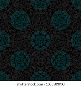 Damask Seamless Pattern. Ethnic Rapport for Textile, Fabric, Wallpaper. Seamless Background with Lacy Grid made of Mandalas. Green Orient Texture
