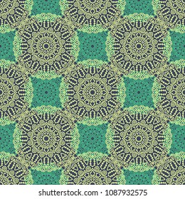 Damask Seamless Pattern. Ethnic Rapport for Textile, Fabric, Wallpaper. Seamless Background with Lacy Grid made of Mandalas. Green Orient Texture