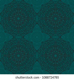 Damask Seamless Pattern. Ethnic Rapport for Textile, Fabric, Wallpaper. Seamless Background with Lacy Grid made of Mandalas. Green Orient Texture