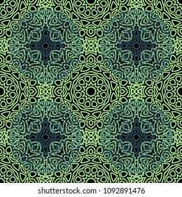 Damask Seamless Pattern. Ethnic Rapport for Textile, Fabric, Wallpaper. Seamless Background with Lacy Grid made of Mandalas. Green Orient Texture