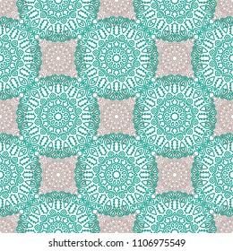 Damask Seamless Pattern. Ethnic Rapport for Textile, Fabric, Wallpaper. Seamless Background with Lacy Grid made of Mandalas. Green Orient Texture