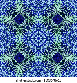 Damask Seamless Pattern. Ethnic Rapport for Textile, Fabric, Wallpaper. Seamless Background with Lacy Grid made of Mandalas. Green Orient Texture