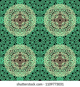 Damask Seamless Pattern. Ethnic Rapport for Textile, Fabric, Wallpaper. Seamless Background with Lacy Grid made of Mandalas. Green Orient Texture