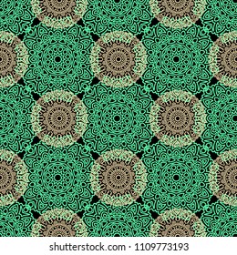 Damask Seamless Pattern. Ethnic Rapport for Textile, Fabric, Wallpaper. Seamless Background with Lacy Grid made of Mandalas. Green Orient Texture