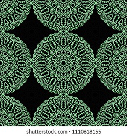 Damask Seamless Pattern. Ethnic Rapport for Textile, Fabric, Wallpaper. Seamless Background with Lacy Grid made of Mandalas. Green Orient Texture