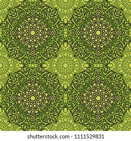 Damask Seamless Pattern. Ethnic Rapport for Textile, Fabric, Wallpaper. Seamless Background with Lacy Grid made of Mandalas. Green Orient Texture