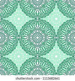 Damask Seamless Pattern. Ethnic Rapport for Textile, Fabric, Wallpaper. Seamless Background with Lacy Grid made of Mandalas. Green Orient Texture