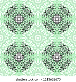 Damask Seamless Pattern. Ethnic Rapport for Textile, Fabric, Wallpaper. Seamless Background with Lacy Grid made of Mandalas. Green Orient Texture