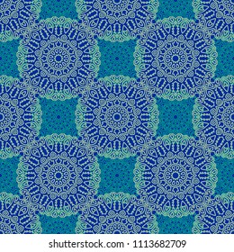 Damask Seamless Pattern. Ethnic Rapport for Textile, Fabric, Wallpaper. Seamless Background with Lacy Grid made of Mandalas. Green Orient Texture