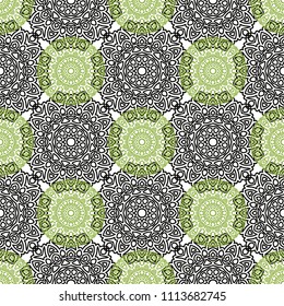 Damask Seamless Pattern. Ethnic Rapport for Textile, Fabric, Wallpaper. Seamless Background with Lacy Grid made of Mandalas. Green Orient Texture