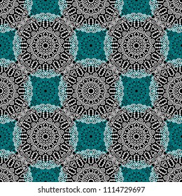 Damask Seamless Pattern. Ethnic Rapport for Textile, Fabric, Wallpaper. Seamless Background with Lacy Grid made of Mandalas. Green Orient Texture