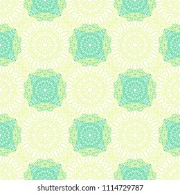 Damask Seamless Pattern. Ethnic Rapport for Textile, Fabric, Wallpaper. Seamless Background with Lacy Grid made of Mandalas. Green Orient Texture