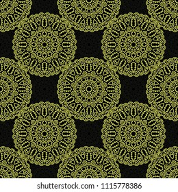 Damask Seamless Pattern. Ethnic Rapport for Textile, Fabric, Wallpaper. Seamless Background with Lacy Grid made of Mandalas. Green Orient Texture