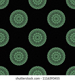 Damask Seamless Pattern. Ethnic Rapport for Textile, Fabric, Wallpaper. Seamless Background with Lacy Grid made of Mandalas. Green Orient Texture