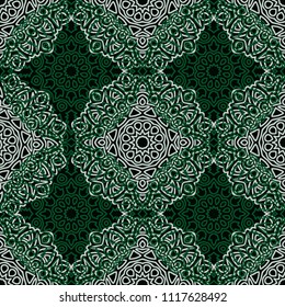 Damask Seamless Pattern. Ethnic Rapport for Textile, Fabric, Wallpaper. Seamless Background with Lacy Grid made of Mandalas. Green Orient Texture