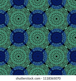 Damask Seamless Pattern. Ethnic Rapport for Textile, Fabric, Wallpaper. Seamless Background with Lacy Grid made of Mandalas. Green Orient Texture