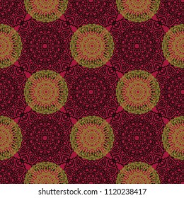 Damask Seamless Pattern. Ethnic Rapport for Textile, Fabric, Wallpaper. Seamless Background with Lacy Grid made of Mandalas. Green Orient Texture
