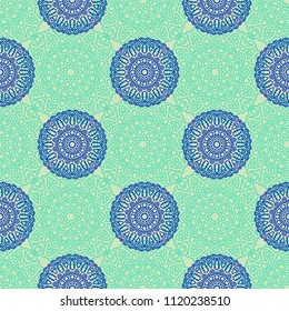 Damask Seamless Pattern. Ethnic Rapport for Textile, Fabric, Wallpaper. Seamless Background with Lacy Grid made of Mandalas. Green Orient Texture