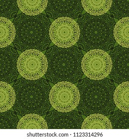 Damask Seamless Pattern. Ethnic Rapport for Textile, Fabric, Wallpaper. Seamless Background with Lacy Grid made of Mandalas. Green Orient Texture