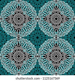 Damask Seamless Pattern. Ethnic Rapport for Textile, Fabric, Wallpaper. Seamless Background with Lacy Grid made of Mandalas. Green Orient Texture