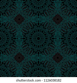 Damask Seamless Pattern. Ethnic Rapport for Textile, Fabric, Wallpaper. Seamless Background with Lacy Grid made of Mandalas. Green Orient Texture