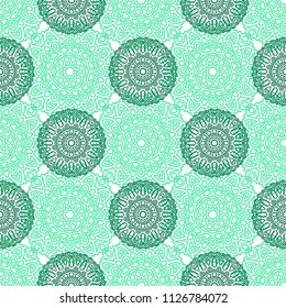 Damask Seamless Pattern. Ethnic Rapport for Textile, Fabric, Wallpaper. Seamless Background with Lacy Grid made of Mandalas. Green Orient Texture
