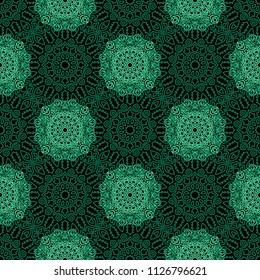 Damask Seamless Pattern. Ethnic Rapport for Textile, Fabric, Wallpaper. Seamless Background with Lacy Grid made of Mandalas. Green Orient Texture