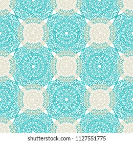Damask Seamless Pattern. Ethnic Rapport for Textile, Fabric, Wallpaper. Seamless Background with Lacy Grid made of Mandalas. Green Orient Texture