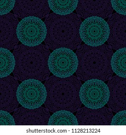Damask Seamless Pattern. Ethnic Rapport for Textile, Fabric, Wallpaper. Seamless Background with Lacy Grid made of Mandalas. Green Orient Texture