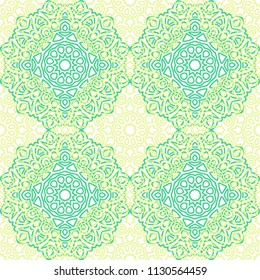 Damask Seamless Pattern. Ethnic Rapport for Textile, Fabric, Wallpaper. Seamless Background with Lacy Grid made of Mandalas. Green Orient Texture