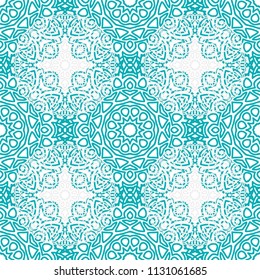 Damask Seamless Pattern. Ethnic Rapport for Textile, Fabric, Wallpaper. Seamless Background with Lacy Grid made of Mandalas. Green Orient Texture