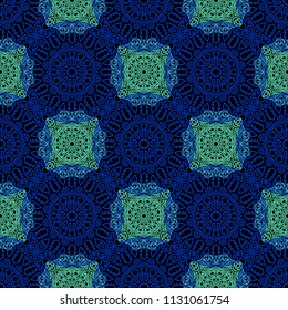 Damask Seamless Pattern. Ethnic Rapport for Textile, Fabric, Wallpaper. Seamless Background with Lacy Grid made of Mandalas. Green Orient Texture