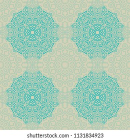 Damask Seamless Pattern. Ethnic Rapport for Textile, Fabric, Wallpaper. Seamless Background with Lacy Grid made of Mandalas. Green Orient Texture