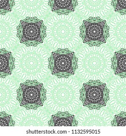 Damask Seamless Pattern. Ethnic Rapport for Textile, Fabric, Wallpaper. Seamless Background with Lacy Grid made of Mandalas. Green Orient Texture