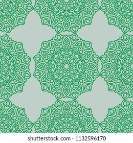 Damask Seamless Pattern. Ethnic Rapport for Textile, Fabric, Wallpaper. Seamless Background with Lacy Grid made of Mandalas. Green Orient Texture
