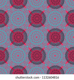 Damask Seamless Pattern. Ethnic Rapport for Textile, Fabric, Wallpaper. Seamless Background with Lacy Grid made of Mandalas. Green Orient Texture