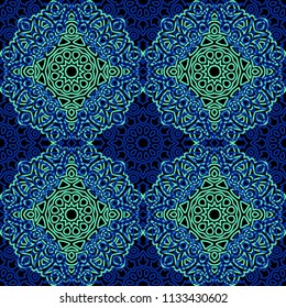 Damask Seamless Pattern. Ethnic Rapport for Textile, Fabric, Wallpaper. Seamless Background with Lacy Grid made of Mandalas. Green Orient Texture