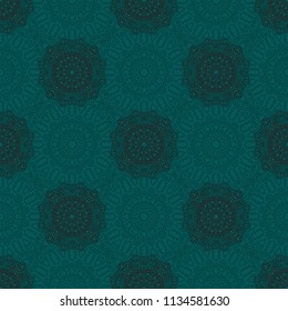 Damask Seamless Pattern. Ethnic Rapport for Textile, Fabric, Wallpaper. Seamless Background with Lacy Grid made of Mandalas. Green Orient Texture