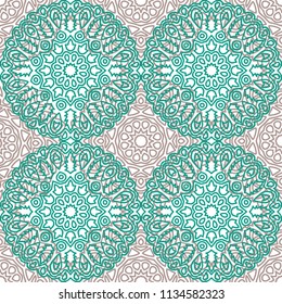 Damask Seamless Pattern. Ethnic Rapport for Textile, Fabric, Wallpaper. Seamless Background with Lacy Grid made of Mandalas. Green Orient Texture