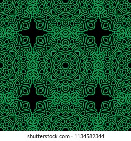 Damask Seamless Pattern. Ethnic Rapport for Textile, Fabric, Wallpaper. Seamless Background with Lacy Grid made of Mandalas. Green Orient Texture