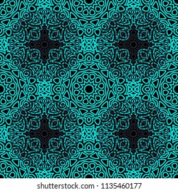 Damask Seamless Pattern. Ethnic Rapport for Textile, Fabric, Wallpaper. Seamless Background with Lacy Grid made of Mandalas. Green Orient Texture