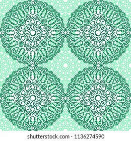 Damask Seamless Pattern. Ethnic Rapport for Textile, Fabric, Wallpaper. Seamless Background with Lacy Grid made of Mandalas. Green Orient Texture