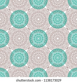 Damask Seamless Pattern. Ethnic Rapport for Textile, Fabric, Wallpaper. Seamless Background with Lacy Grid made of Mandalas. Green Orient Texture