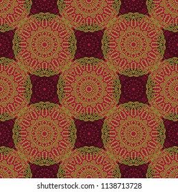 Damask Seamless Pattern. Ethnic Rapport for Textile, Fabric, Wallpaper. Seamless Background with Lacy Grid made of Mandalas. Green Orient Texture