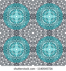 Damask Seamless Pattern. Ethnic Rapport for Textile, Fabric, Wallpaper. Seamless Background with Lacy Grid made of Mandalas. Green Orient Texture