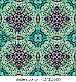 Damask Seamless Pattern. Ethnic Rapport for Textile, Fabric, Wallpaper. Seamless Background with Lacy Grid made of Mandalas. Green Orient Texture