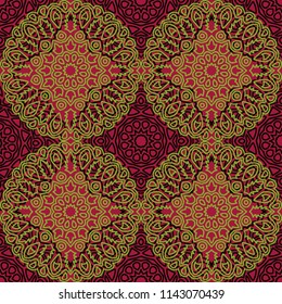 Damask Seamless Pattern. Ethnic Rapport for Textile, Fabric, Wallpaper. Seamless Background with Lacy Grid made of Mandalas. Green Orient Texture