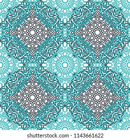 Damask Seamless Pattern. Ethnic Rapport for Textile, Fabric, Wallpaper. Seamless Background with Lacy Grid made of Mandalas. Green Orient Texture