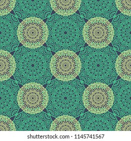 Damask Seamless Pattern. Ethnic Rapport for Textile, Fabric, Wallpaper. Seamless Background with Lacy Grid made of Mandalas. Green Orient Texture